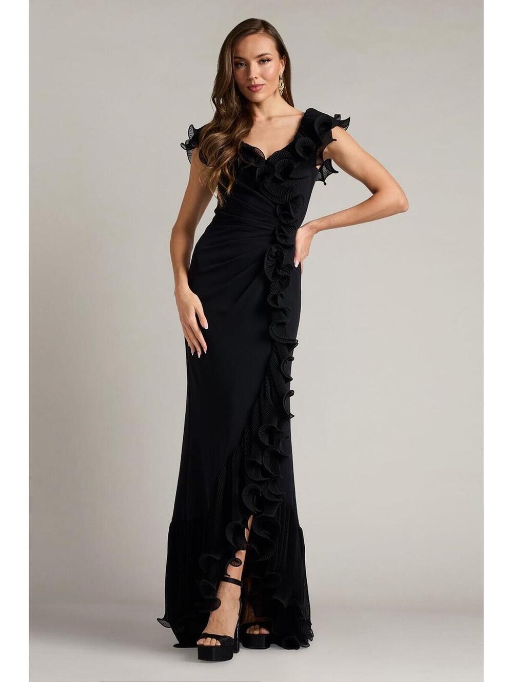New Tadashi Shoji Leandra Cascading Ruffle Gown In Black Size S $658